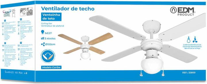 Produktbild EDM Enzo Plafondventilator 102cm 3 standen 50W wit + lamp - 8652700 (43.50 dB)