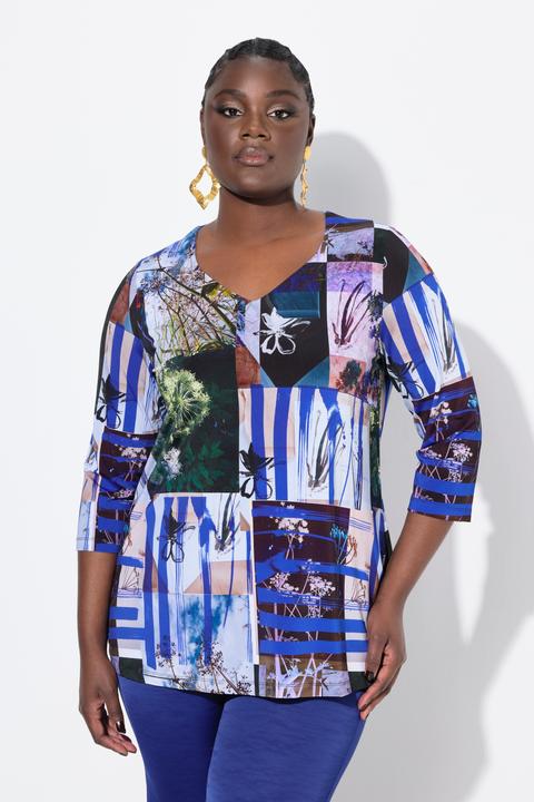 Immagine prodotto Ulla Popken Maglia dal taglio svasato in tessuto fluente con stampa patchwork, scollo a cuore e maniche a 3/4 (60)