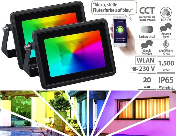 Actual product image Luminea Set of 2 WLAN RGB CCT floodlights with voice control (1500 lm, IP65)