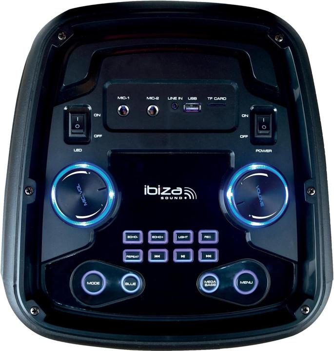 Actual product image Ibiza Portable Bluetooth Speaker with LED Lights, USB, SD, AUX Inputs, Microphone Jacks, and Remote (7 h)