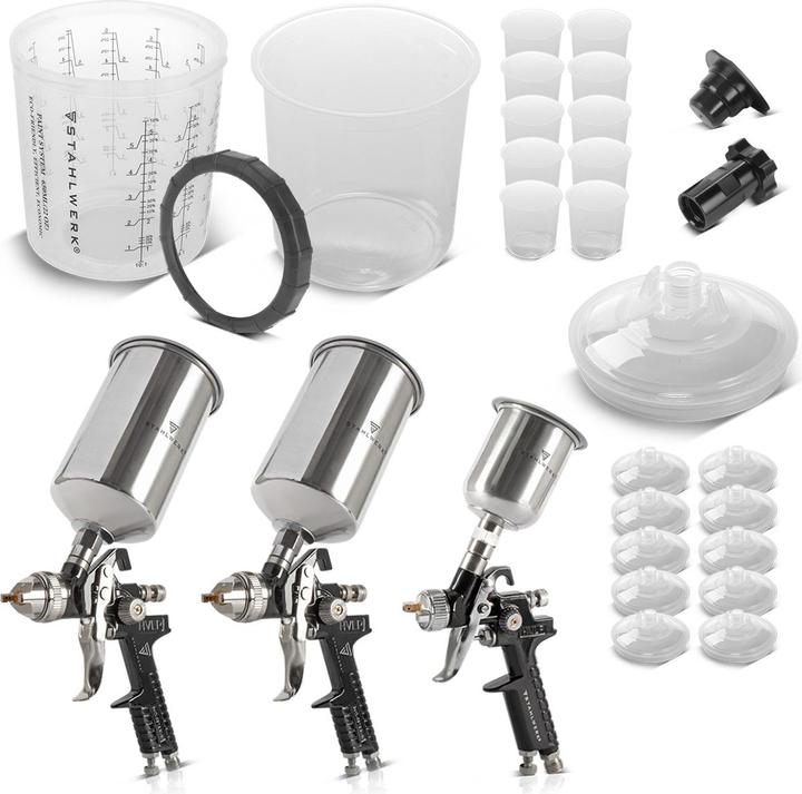 Stahlwerk Druckluft-Lackierpistolen-Set 3 x HVLP Spritzpistole mit Düsen und 25 Mischbechern 650 ml