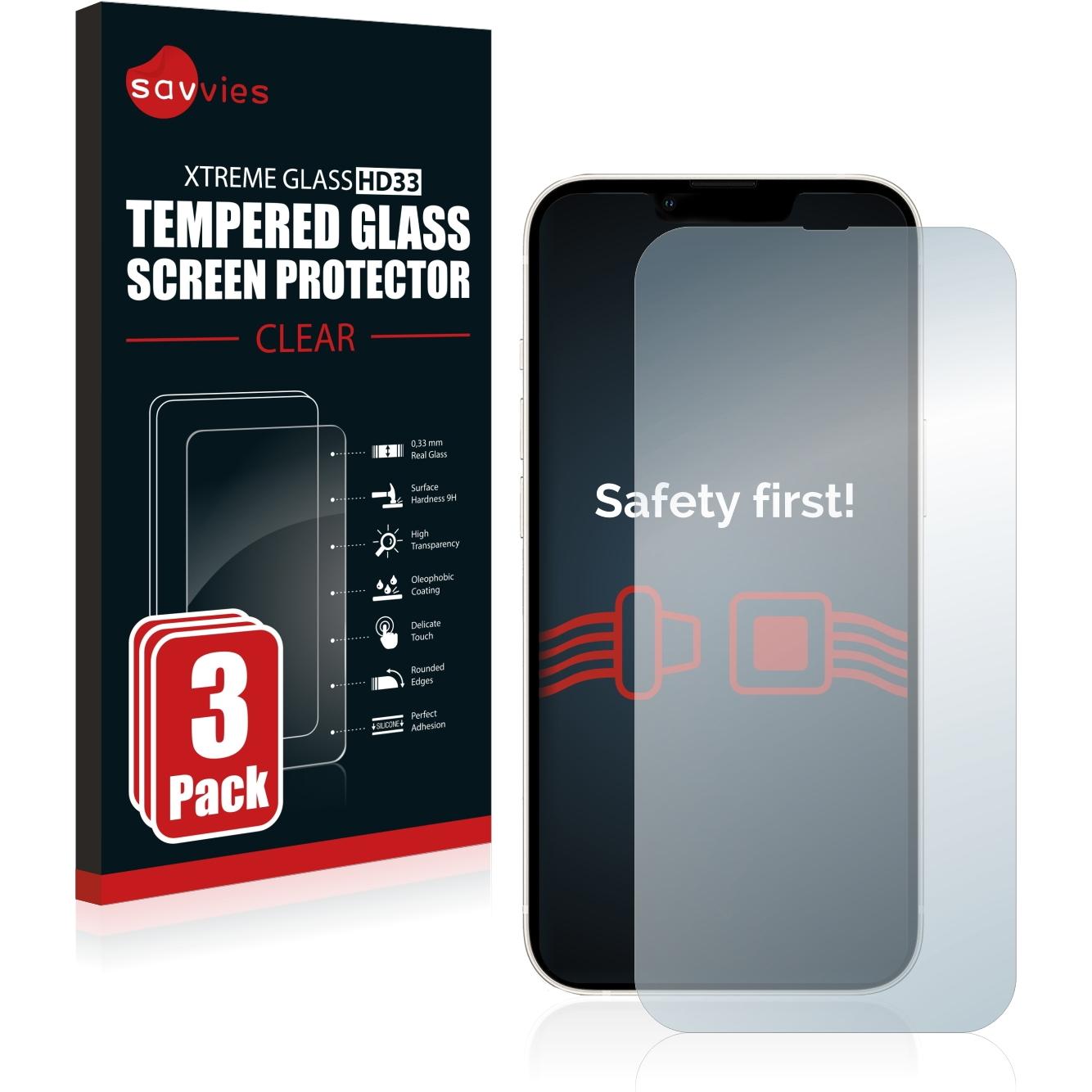 Savvies Panzerglas Hartglas Displayschutz (3 Stück, Apple iPhone 13), Smartphone Schutzfolie, Transparent