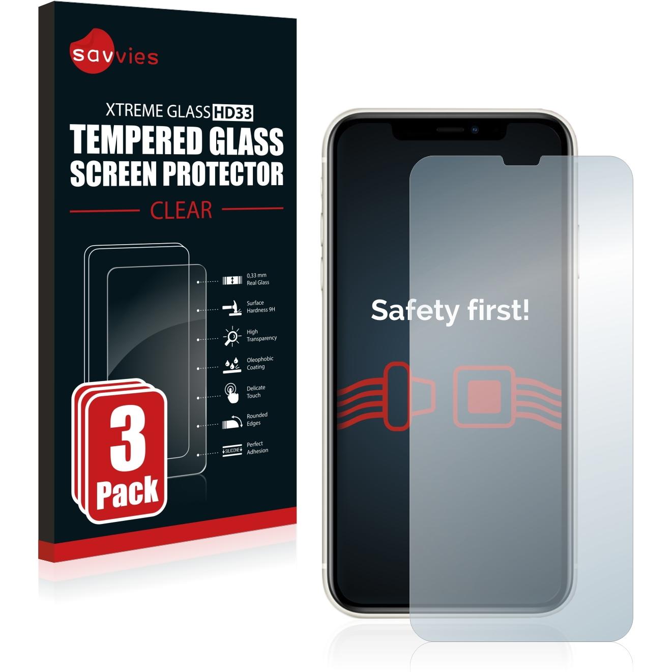 Savvies Panzerglas Hartglas Displayschutz (3 Stück, Apple iPhone 11), Smartphone Schutzfolie, Transparent