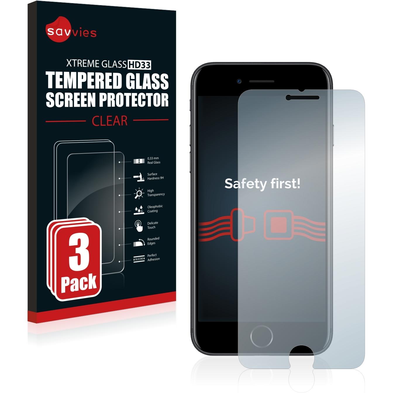 Savvies Panzerglas Hartglas Displayschutz (3 Stück, Apple iPhone 8, Apple iPhone 7), Smartphone Schutzfolie, Transparent