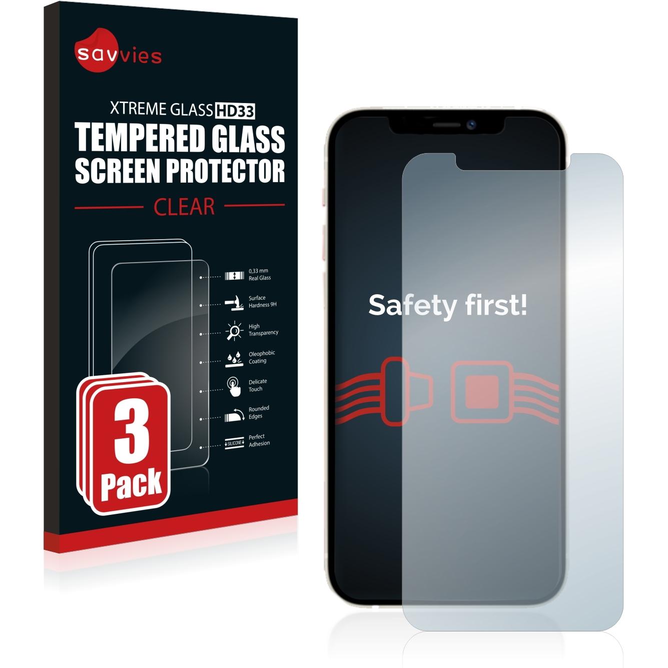 Savvies Panzerglas Hartglas Displayschutz (3 Stück, Apple iPhone 12 Pro), Smartphone Schutzfolie, Transparent