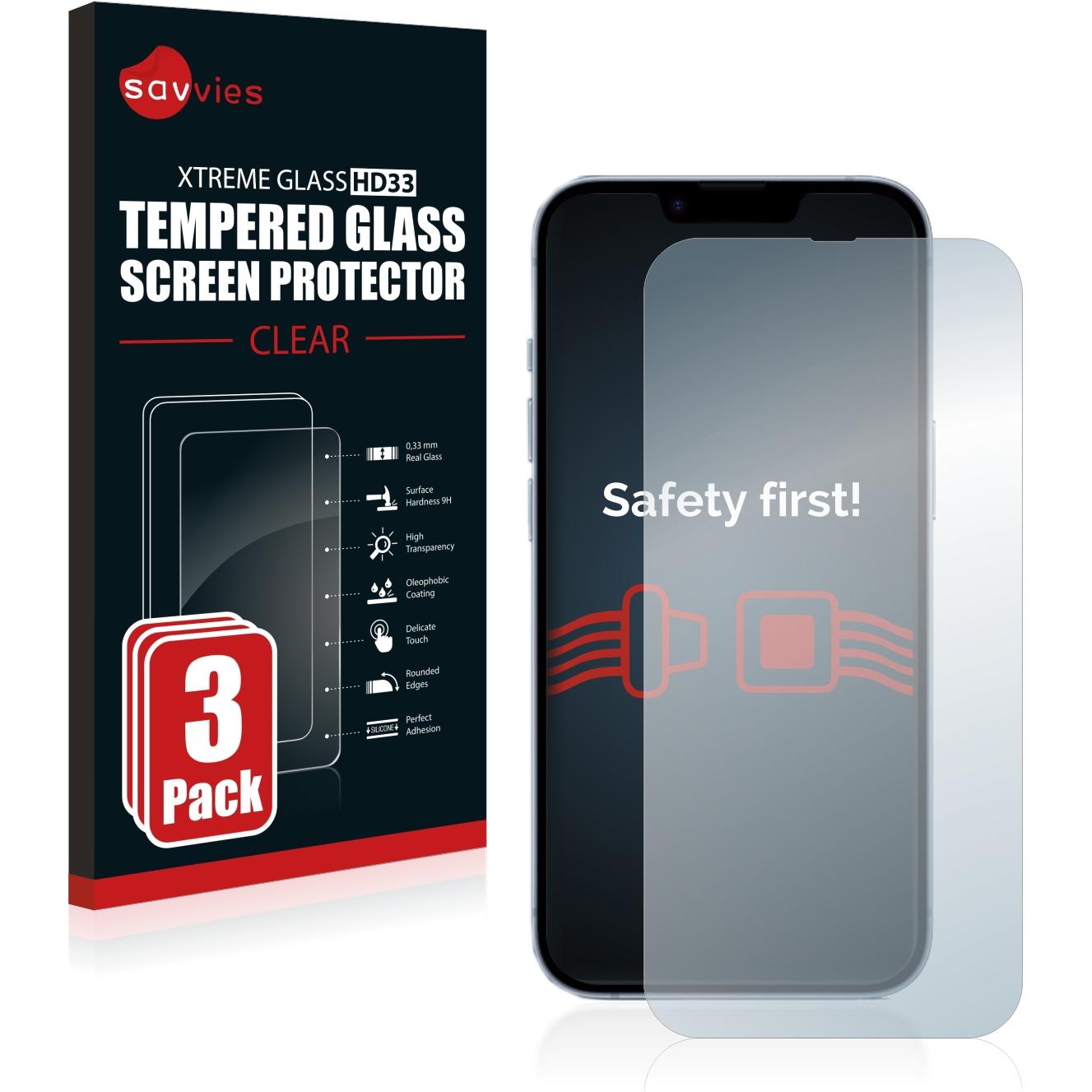 Savvies Panzerglas Hartglas Displayschutz (3 Stück, Apple iPhone 14), Smartphone Schutzfolie, Transparent