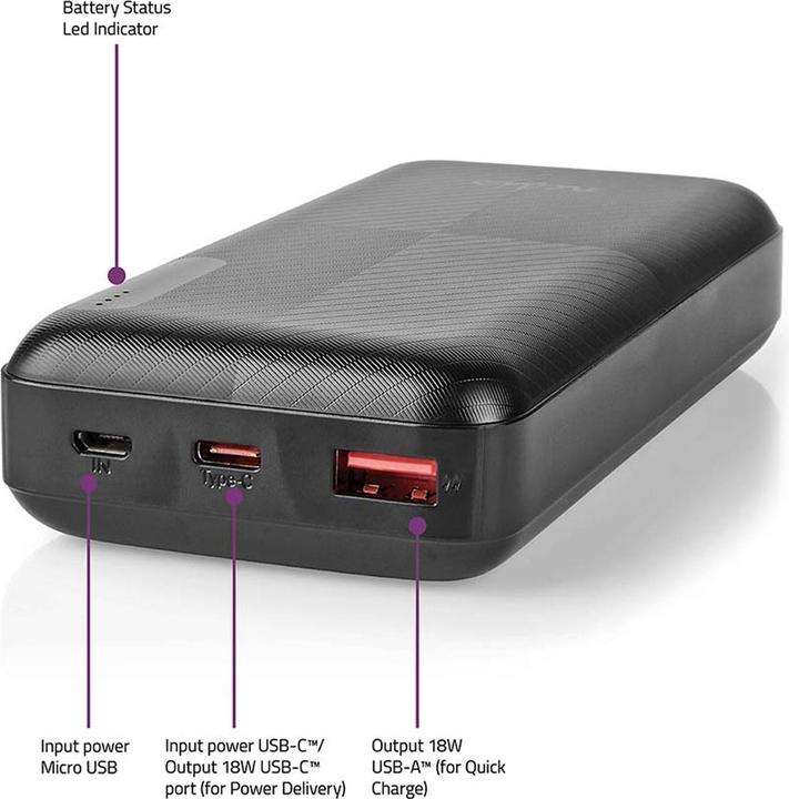 Productafbeelding Nedis Powerbank | 20000 mAh | 2x 3.0 A | Aantal uitgangen: 2 | Uitgangsaansluiting: 1x USB-A / 1x U (20000 mAh, 18 W, 74 Wh)