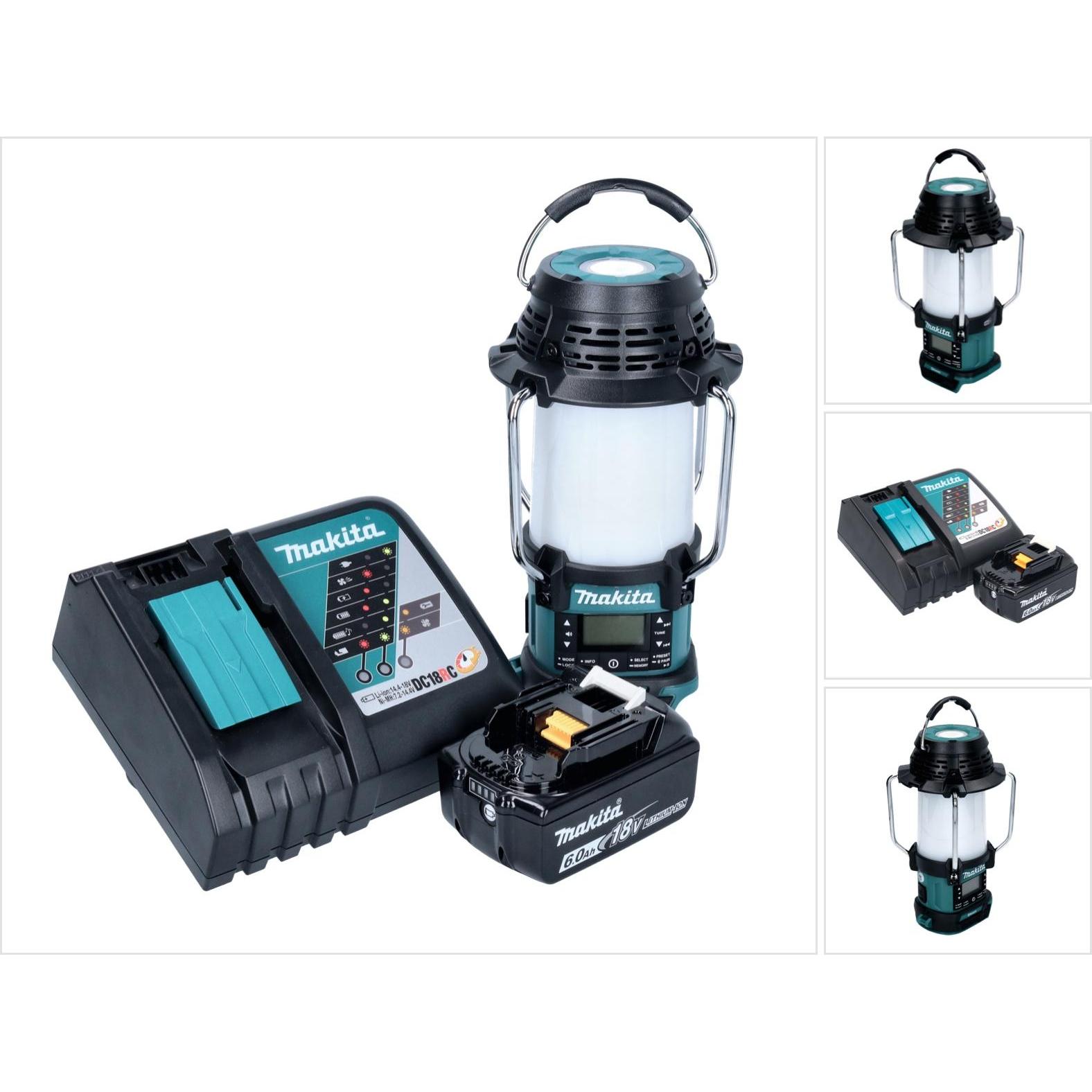 Makita DMR 056 RG1 Akku Radio 18 V FM DAB+ mit Laterne 360° Taschenlampe IP65 + 1x Akku 6,0 Ah + (FM, DAB+, Bluetooth), ...
