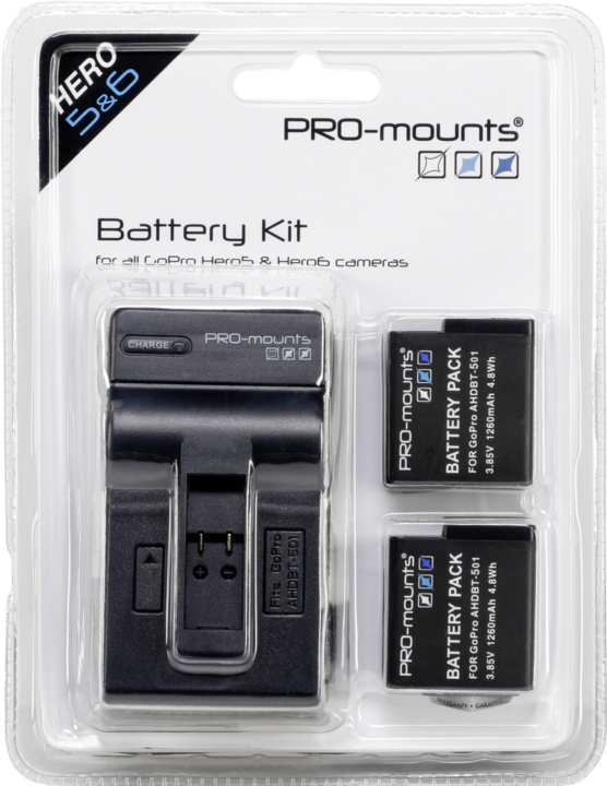 PRO-mounts Battery Kit + Charger 1260 mAh for GoPro 5 / 6 (hero 5, Hero 6)