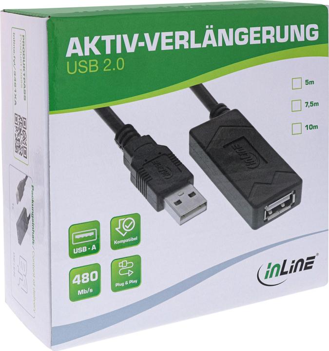 Actual product image InLine USB 2.0 active extension, USB-A plug/socket, 10m (10 m, USB 2.0)