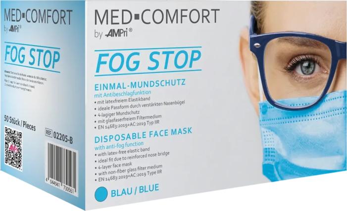 Image du produit Ampri MED-COMFORT FOG STOP Mundschutz 4-lagig TYP IIR 175x95 mm blau 50 Stk. (Classe de protection 1, 50 x)