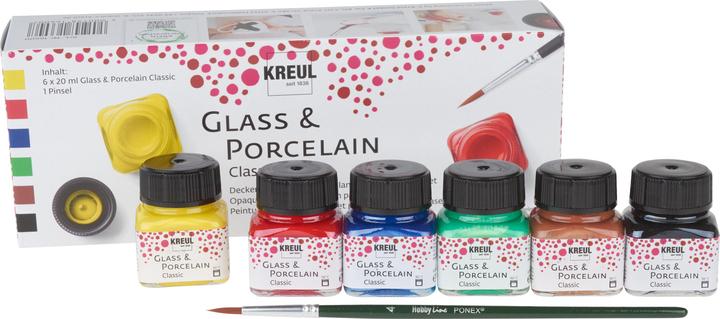 Produktbild Kreul Glass & Porcelain Classic Set (Grün, Schwarz, Cognac, Royalblau, Karminrot, Kanariengelb, 120 ml)
