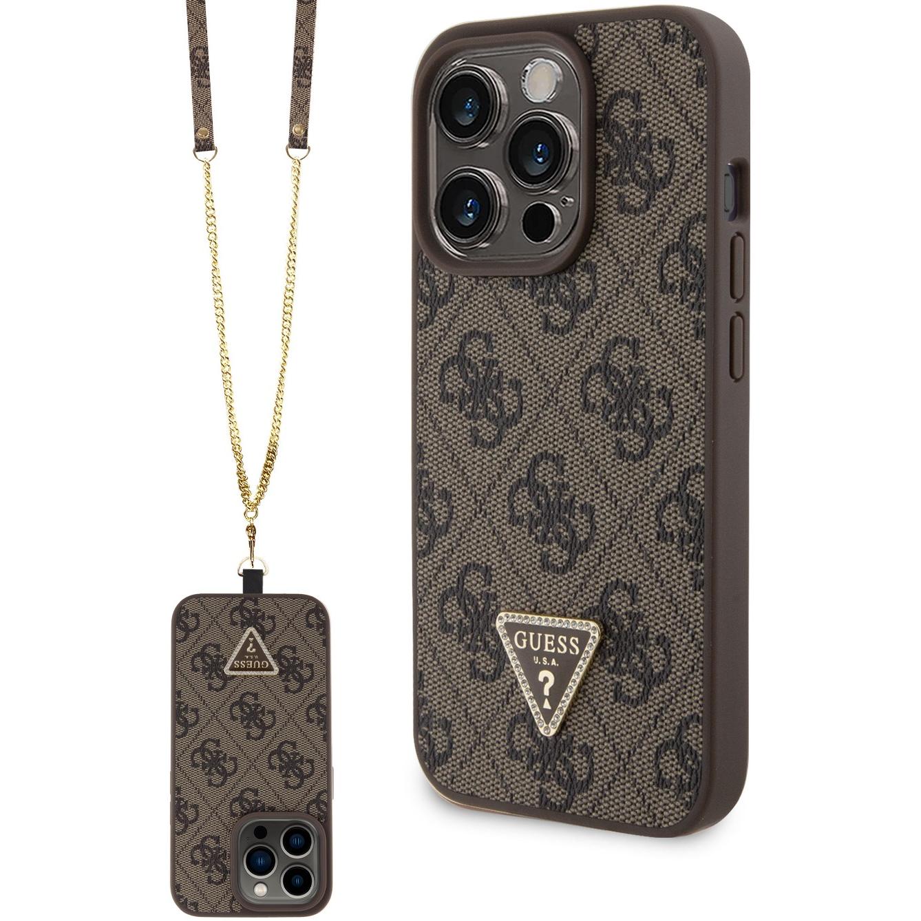 Guess PU Leather Metal Logo Strass Crossbody Case für Apple iPhone 15 Pro Max - brown (Apple iPhone 15 Pro Max), Smartph...