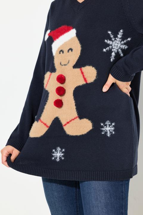 Immagine prodotto Ulla Popken Maglione natalizio con omino di pan di zenzero, scollo a V e maniche lunghe (46, 48)