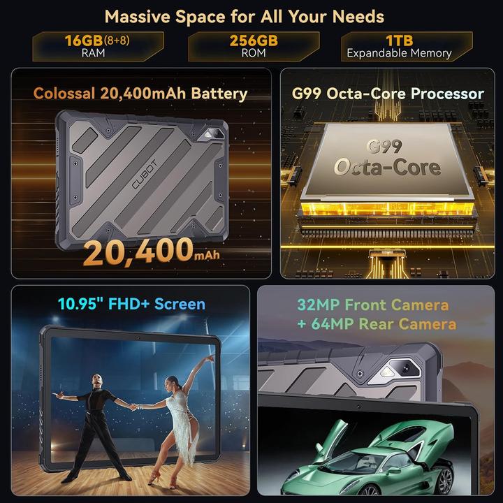 Actual product image Cubot 10.95 Inch FHD+ Tablet with 16GB RAM, 256GB Storage, 4G Dual SIM, 20400mAh Battery (4G, 10.95", 256 GB, Black, Black)