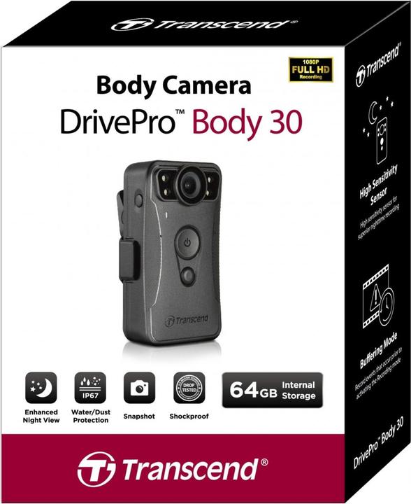 Image du produit Transcend DrivePro Body 30 (Bluetooth, WiFi, Indicateur intégré, Full HD)