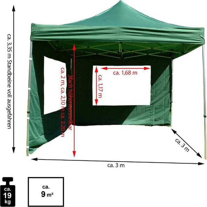 Produktbild VCM PROFI Falt Pavillon Partyzelt mit 2 Seitenteilen 3x3m grün wasserdichtes Dach (300 cm, 300 cm)
