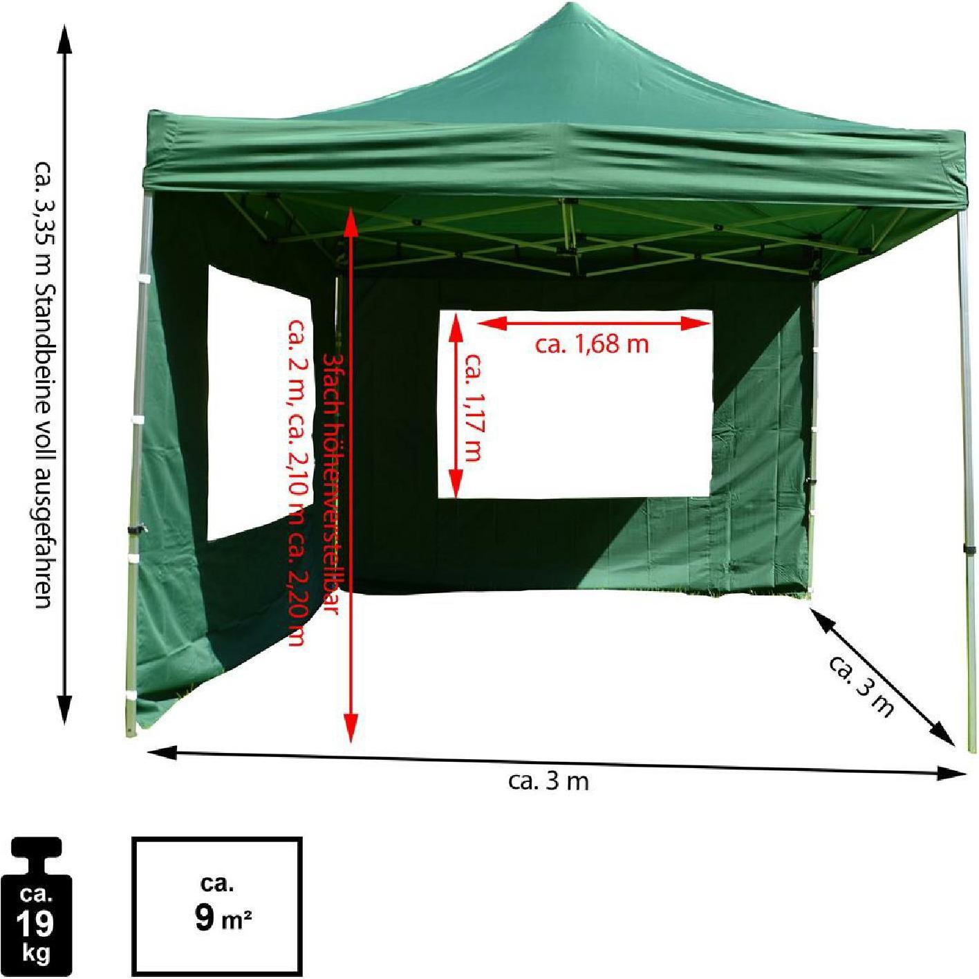 Thumbnail - VCM, Pavillon, PROFI Falt Pavillon Partyzelt mit 2 Seitenteilen 3x3m grün wasserdichtes Dach (300 cm, 300 cm)