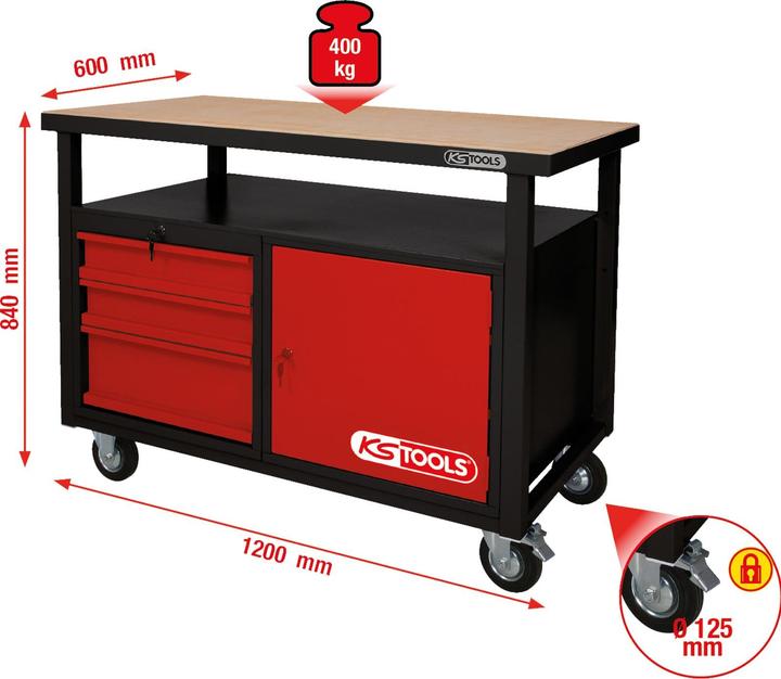 Image du produit KS Tools Établi mobile avec 3 tiroirs et 1 porte (120 cm, 60 cm)
