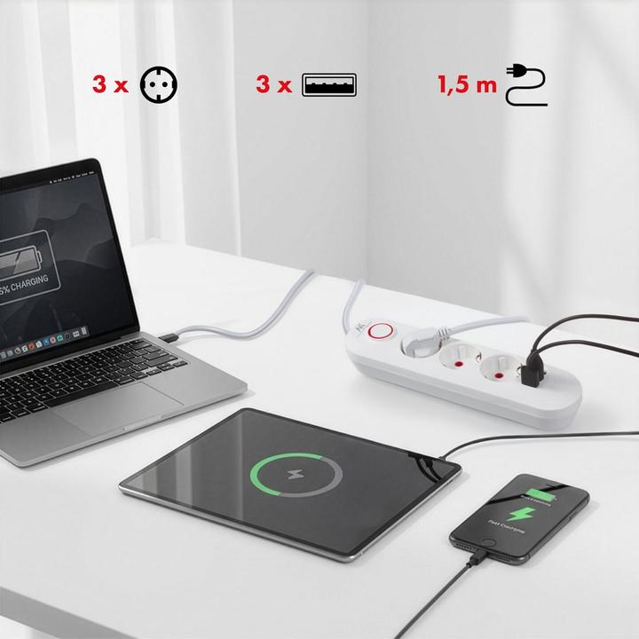 Actual product image Maclean Multiple socket outlet, extension cable with 3 sockets + 3 USB ports (3x, USB-A, 1.50 m)