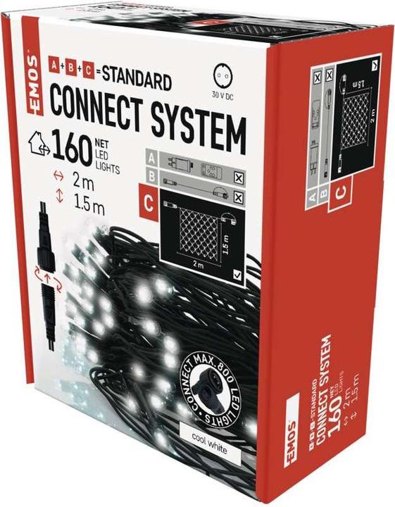 Image du produit Emos Guirlande/réseau LED, 30 VDC, 2 x 1.5 m, 160 x LED, blanc froid, connectable, sans source (2 m)