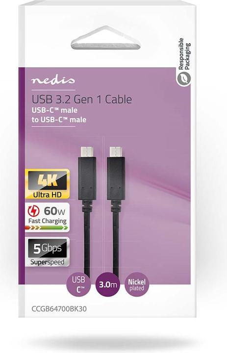 Image du produit Nedis Câble USB | USB 3.2 Gen 1 | USB-C™ mâle | USB-C™ mâle | 60 W | 4K@60Hz | 5 Gbps | Vernic (3 m, USB 3.2 Gen 1, 60 W)