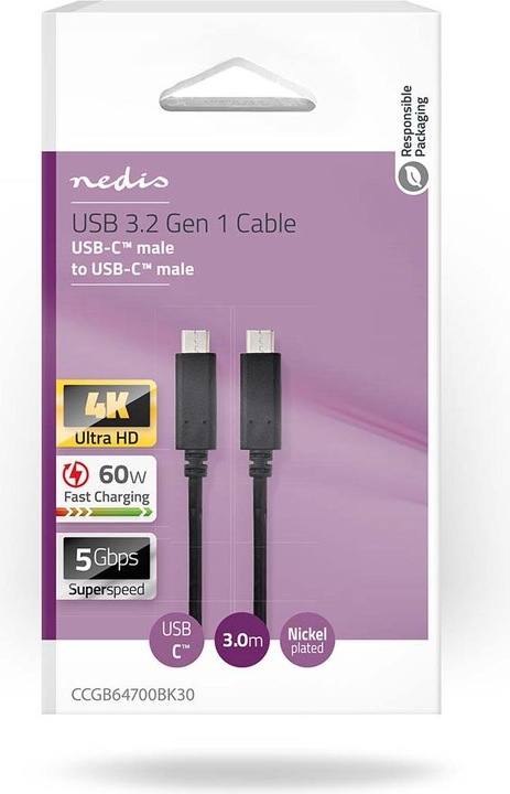 Produktbild Nedis USB-Kabel | USB 3.2 Gen 1 | USB-C™ Stecker | USB-C™ Stecker | 60 W | 4K@60Hz | 5 Gbps | Vernic (3 m, USB 3.2 Gen 1)