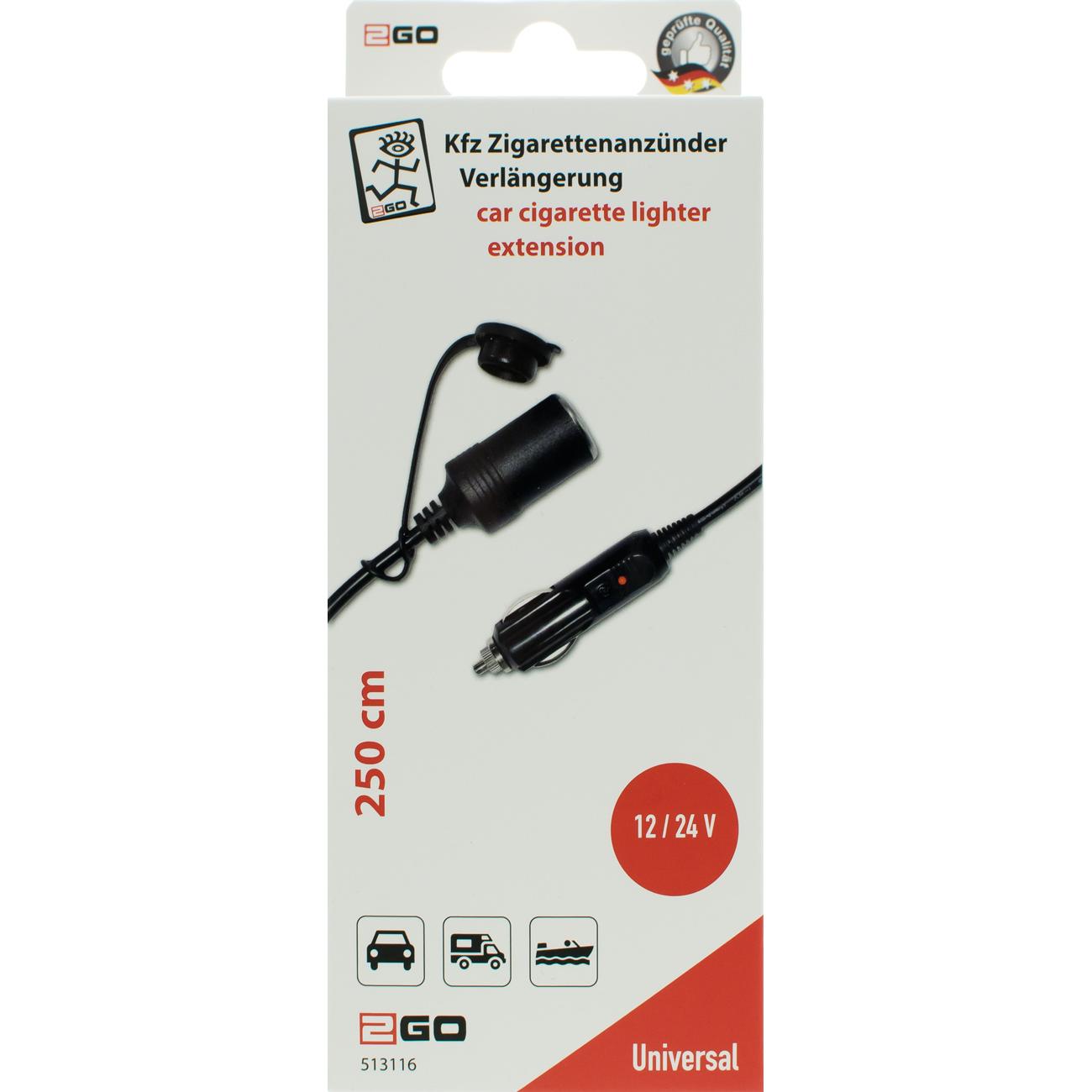 2GO KFZ-Zigarettenanzünder Verlängerung 250 cm, Auto Adapter