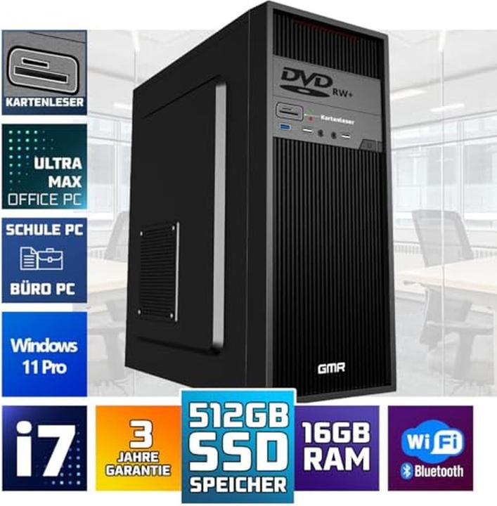 Actual product image GMR Ultra Max i7 Office PC with 16GB RAM, 512GB SSD, DVD±RW, USB 3, Windows 11 Pro, WiFi Bluetooth (16 GB, 512 GB)