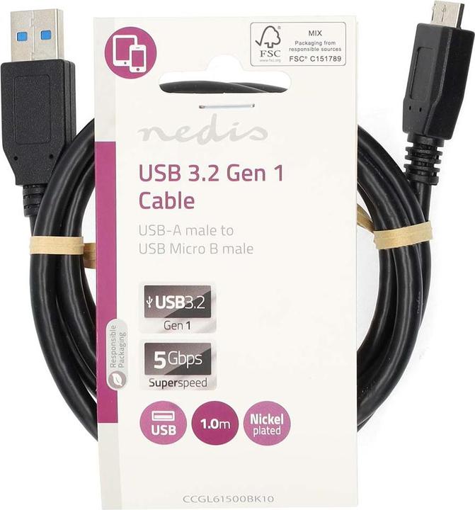 Actual product image Nedis USB cable | USB 3.2 Gen 1 | USB-A plug | USB Micro-B plug | 5 Gbps | Nickel-plated | 1.00 m (1 m, USB 3.2 Gen 1)