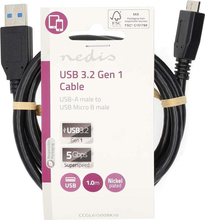 Produktbild Nedis USB-Kabel | USB 3.2 Gen 1 | USB-A Stecker | USB Micro-B Stecker | 5 Gbps | Vernickelt | 1.00 m (1 m, USB 3.2 Gen 1)