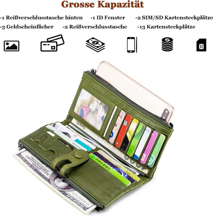 Produktbild Only-Bags.Store Grosse Vintage Brieftasche Leder Brieftasche mit RFID-Schutz - Brieftasche mit 13 Kartenfächern mit