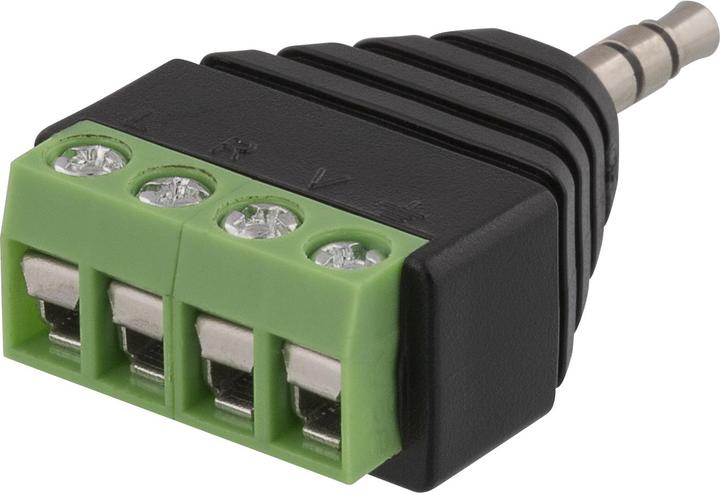 Actual product image Deltaco 4 pole 3.5mm plug to 4-pin terminal block adapter black