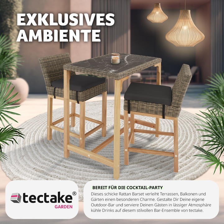 Produktbild tectake Rattan Bartisch Kutina mit 2 Stühlen Latina (96 cm)