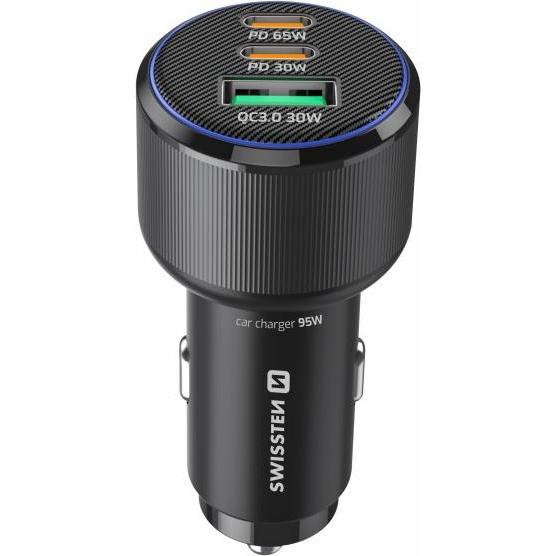 Swissten Car Adapter 2x USB-C PD + USB-A 95W - Black, Adattatore per auto, Nero