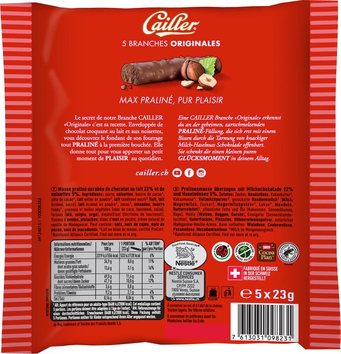 Actual product image Cailler Branches Milk Chocolate Bars L'Originale S 5 pieces (115 g)