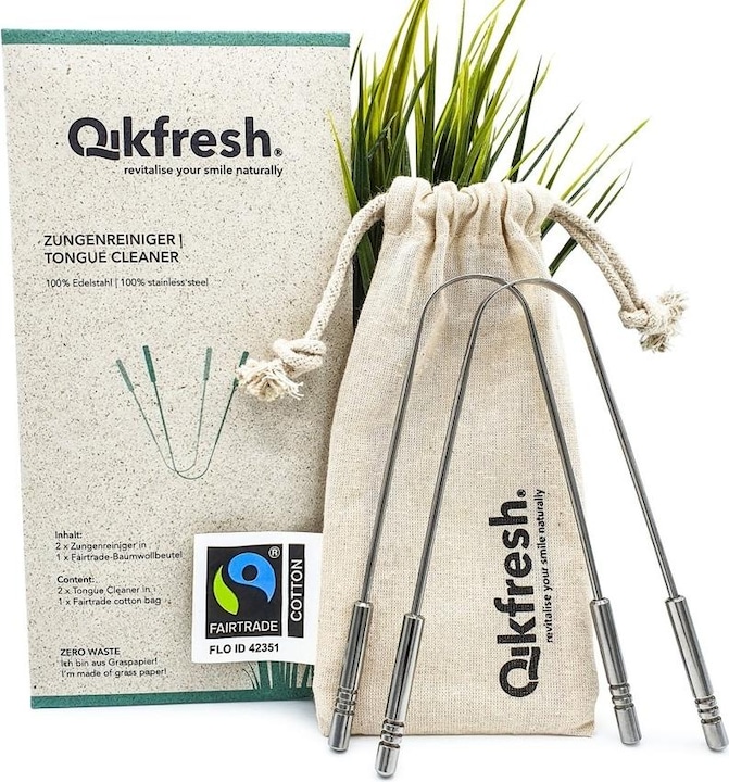 Qikfresh Cure-langue avec sac en coton (Racleur de langue, 2 x)