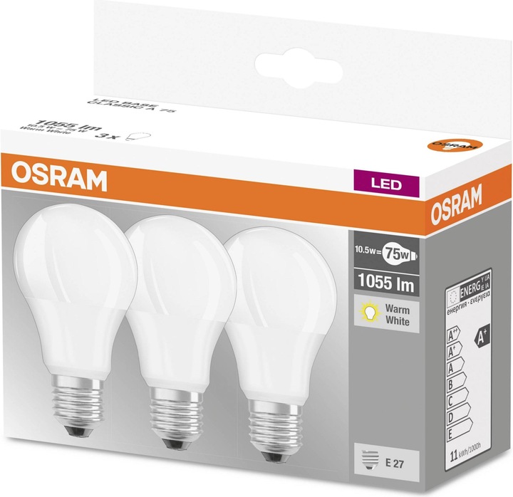 Produktbild Osram Led Base Classic A (E27, 10.50 W, 1055 lm, 3 x, F)
