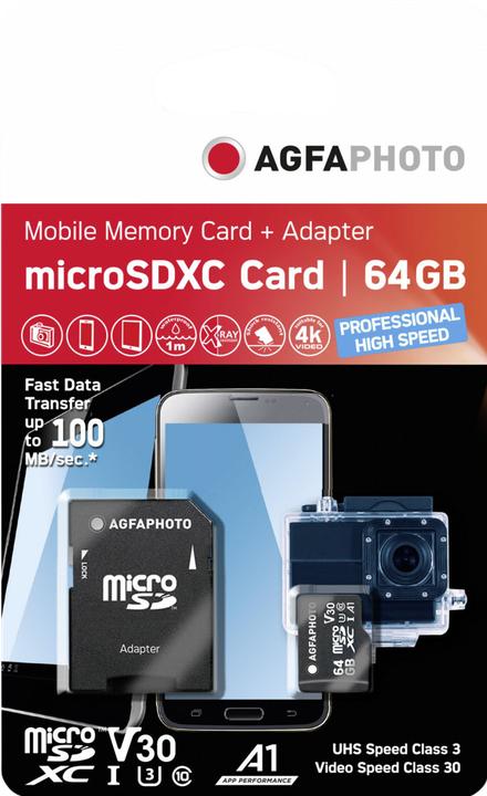 Actual product image AGFAPHOTO MicroSDXC UHS-I 64GB High Speed C 10 U3 V30 + Adapter (64 GB, microSDXC, U3, UHS-I)