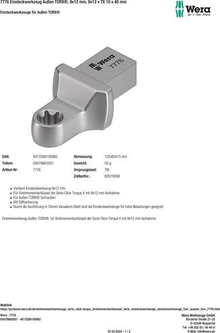 Nährwerte und Zutaten Wera 7776 9x12mm E10
