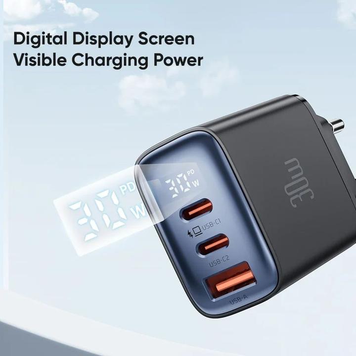 Actual product image Mcdodo CH-2180 2xUSB-C + USB-A, 30W mains charger with display (black) (30 W, 3 ports)