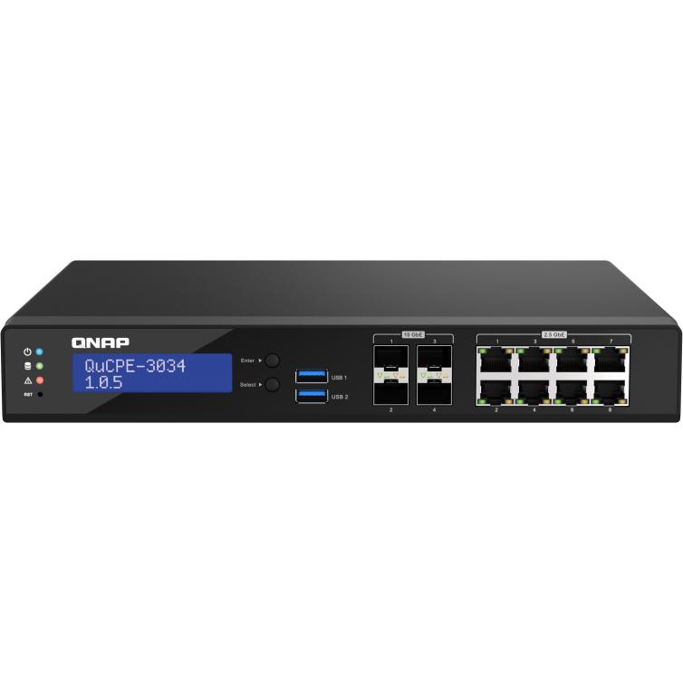 QNAP QuCPE-3034-C3758R-16G Intel Atom C3758R 8x2.5GbE RJ45 ports and 4x10GbE SFP+ ports 2xM.2 2280 N (12 Ports), Netzwer...