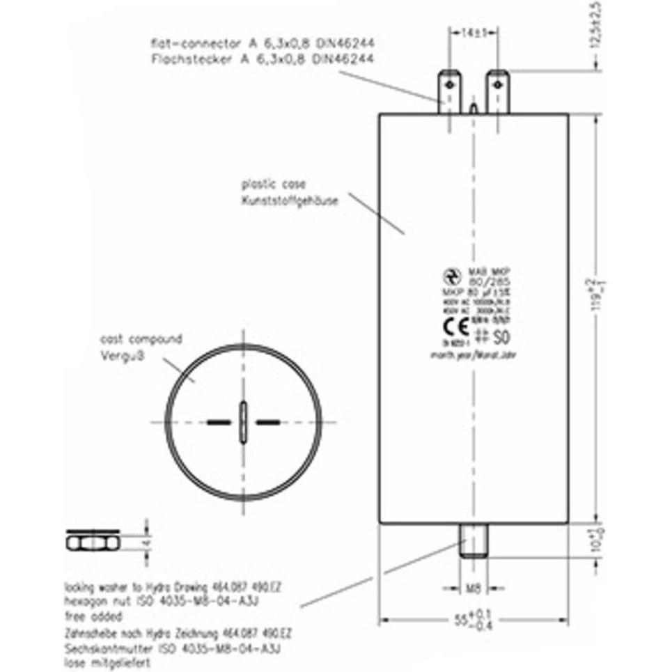Thumbnail - Hydra MKP 285 MAB 80uF 55x119 1 St. MKP-Folienkondensator radial bedrahtet 80 µF 450 V/AC 5% (Ø x, Kondensator