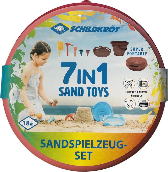 Actual product image Schildkröt Sand Toys folding bucket set red 9x22 cm, 7 parts, bucket 3l, sieve, accessories, from 18 months