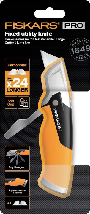 Actual product image Fiskars Utility knife with fixed blade, length 18.2 cm, Stainless steel/plastic, Black (Cutters)