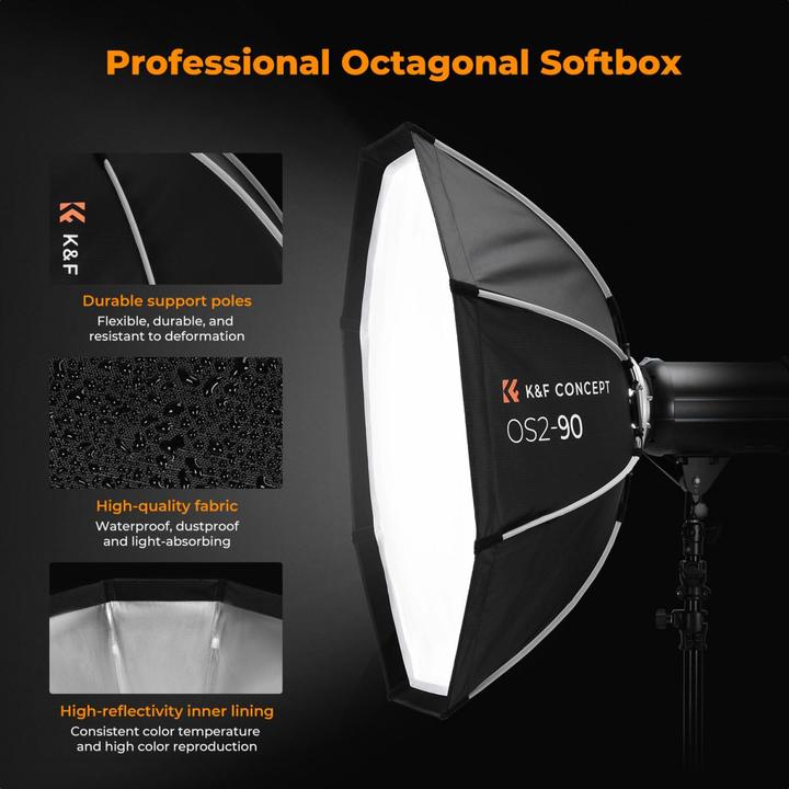Actual product image K&F Concept 90cm Octagonal Softbox, Quick release + storage Bowens Mount with Honeycomb Grid, Light Diffusers (90 cm)