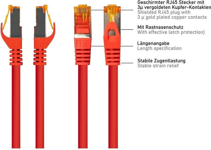 Produktbild Varia Cat.7 Patchkabel TPE rot 0,15m – S/FTP, 10Gbit, reines Kupfer (S/FTP, CAT7, 0.15 m)