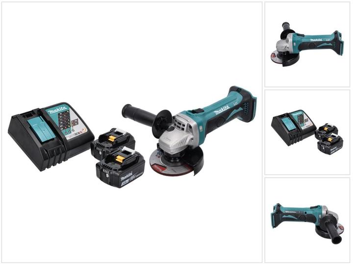1x Makita DGA 452 Akku Winkelschleifer, 1x Schutzhaube, 1x Seitengriff, 1x Montageschlüssel, 2x Makita BL 1830 B 18 V 3,0 Ah Akku, 1x Makita DC 18 RC Ladegerät