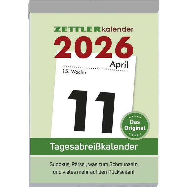 Actual product image Tagesabreisskalender XXL 2026 - 9,9x14,3 cm - 1 Tag auf 1 Seite - mit Sudokus, Rezepten, Rätseln (Hardcover, German)