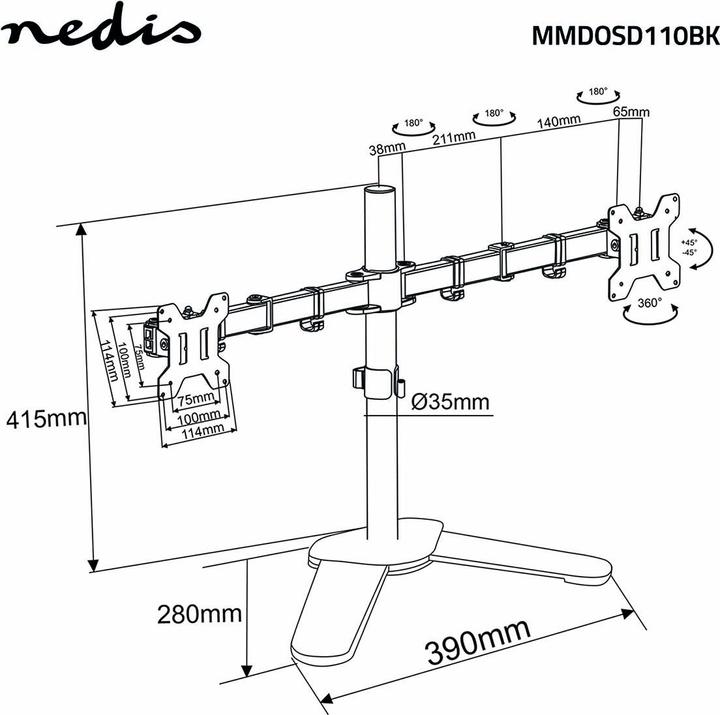 Produktbild Nedis Schreibtisch Monitorhalterung | 2 Bildschirm(e) | 15 - 32 " | 75x75 / 100x100 | Vollbeweglich (32")